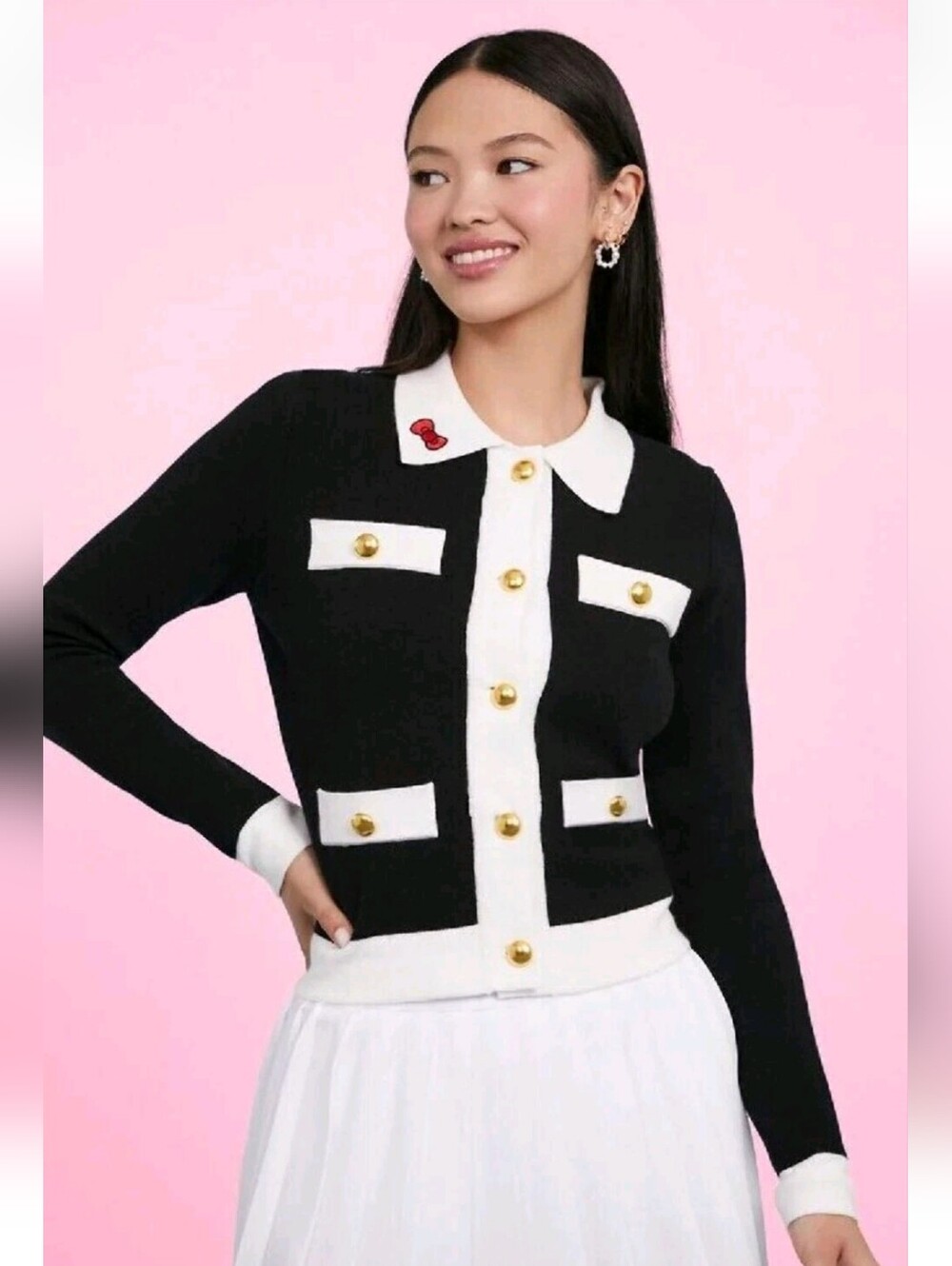 Hello Kitty x Forever 21 Women's Black/White Cardigan Sweater Size Large